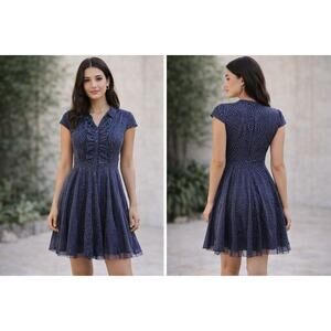 Polka Dot Fit Flare Dress Ruffle Front Tulle Skirt Indie Coquette Small Blue